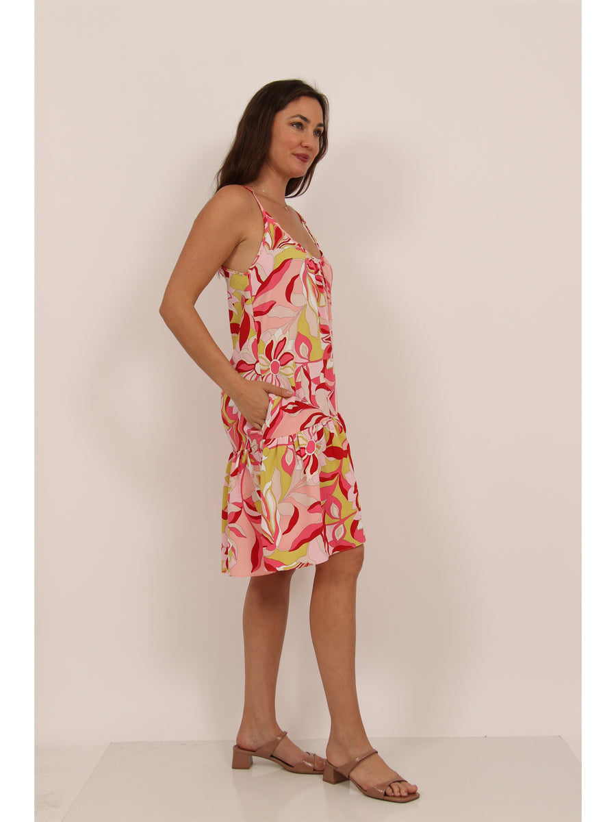 Essential Womens Floral Print Scoop Neck Spaghetti Strap Pocket A Line Mini Dress