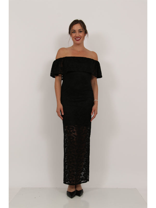 Elevate Womens Lace Off the Shoulder Side Slit Bodycon Maxi Dress