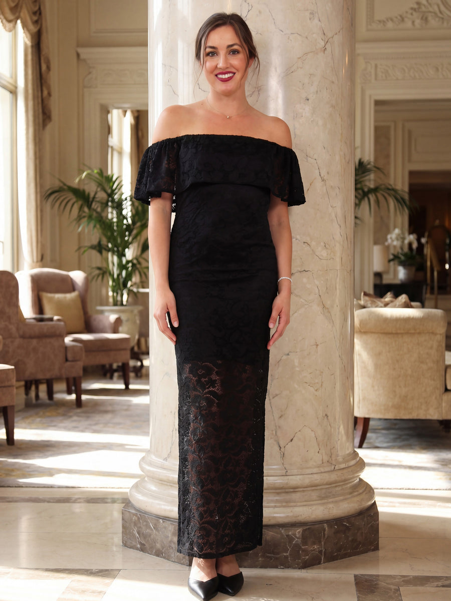Elevate Womens Lace Off the Shoulder Side Slit Bodycon Maxi Dress