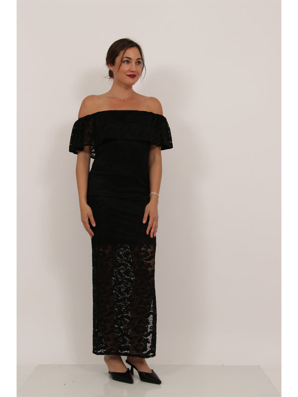 Elevate Womens Lace Off the Shoulder Side Slit Bodycon Maxi Dress