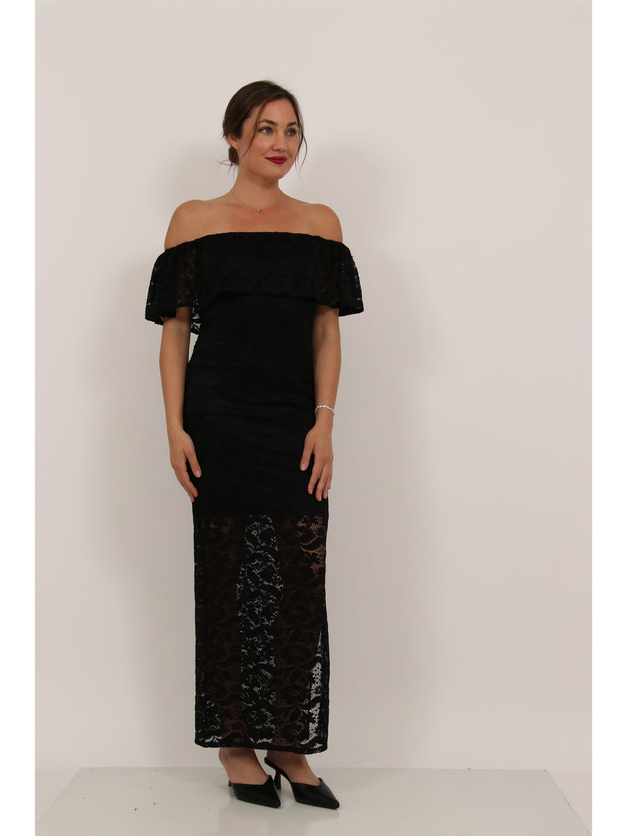 Elevate Womens Lace Off the Shoulder Side Slit Bodycon Maxi Dress