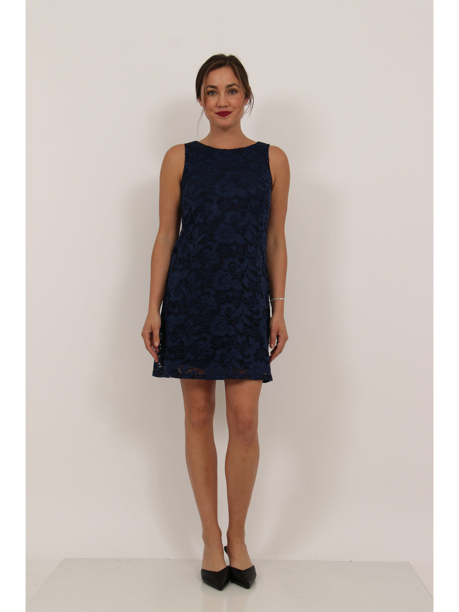 Elevate Womens Lace Sleeveless Boat Neck Mini Shift Dress