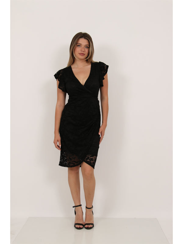 Elevate Womens Lace V Neck Flutter Sleeve Faux Wrap Midi Dress