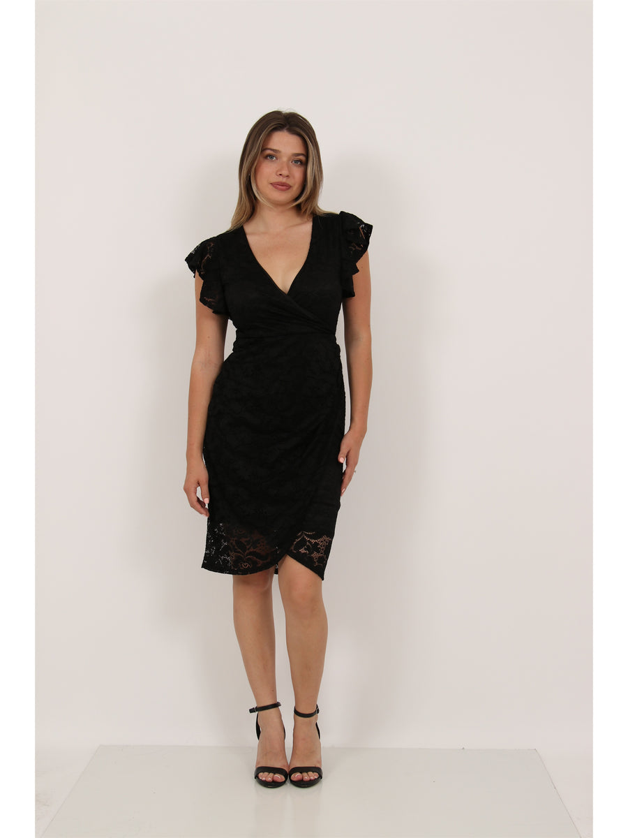 Elevate Womens Lace V Neck Flutter Sleeve Faux Wrap Midi Dress