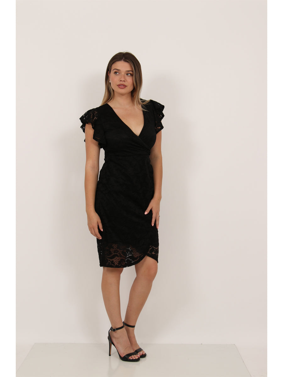 Elevate Womens Lace V Neck Flutter Sleeve Faux Wrap Midi Dress