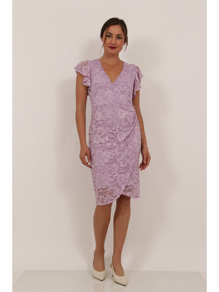 Elevate Womens Lace V Neck Flutter Sleeve Faux Wrap Midi Dress