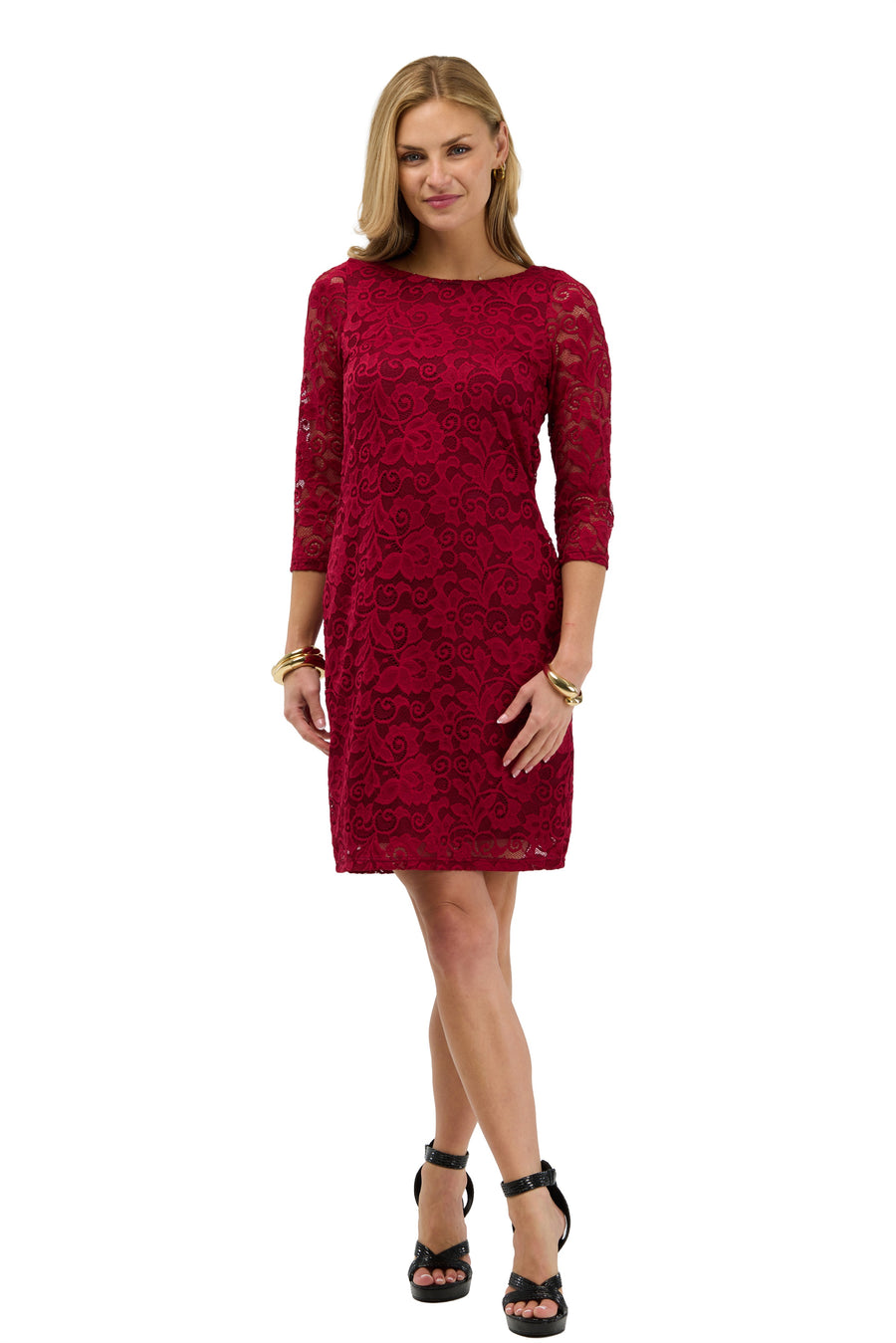 24seven Comfort Elevate Womens Elegant Floral Lace Three-Quarter Sleeve Dress
