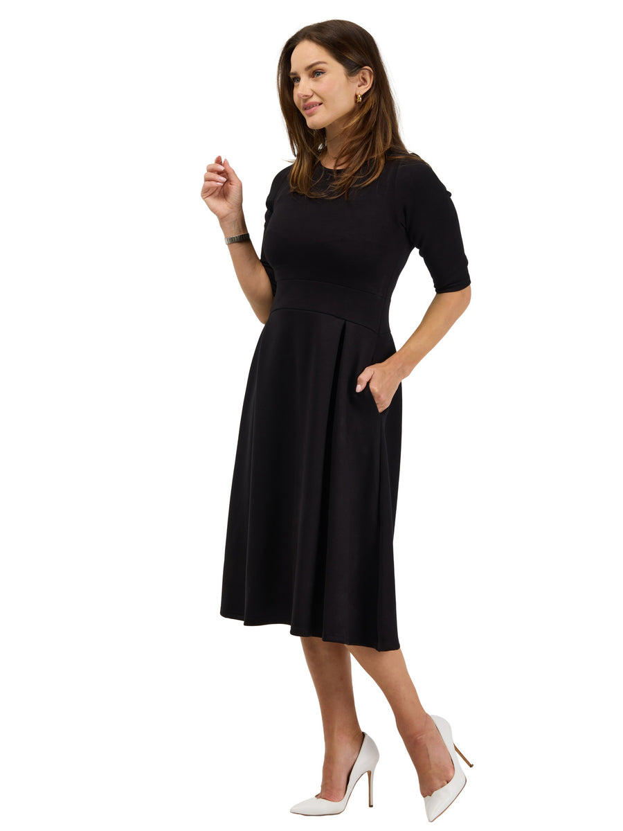 24seven Comfort Essential Womens Elegant Pleated Three-Quarter Sleeve Midi Dress