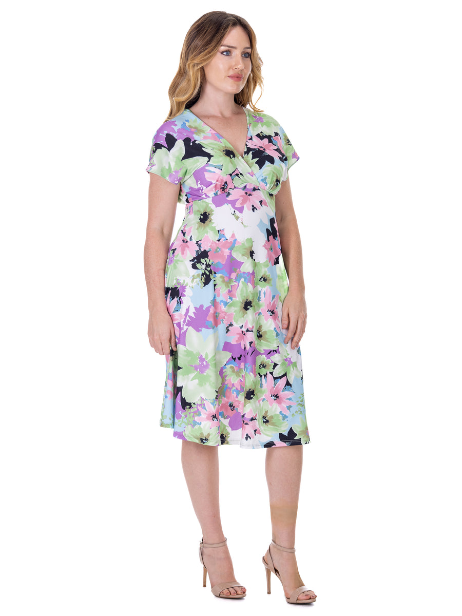 Essential Petite Floral V Neck Cap Sleeve Knee Length Dress