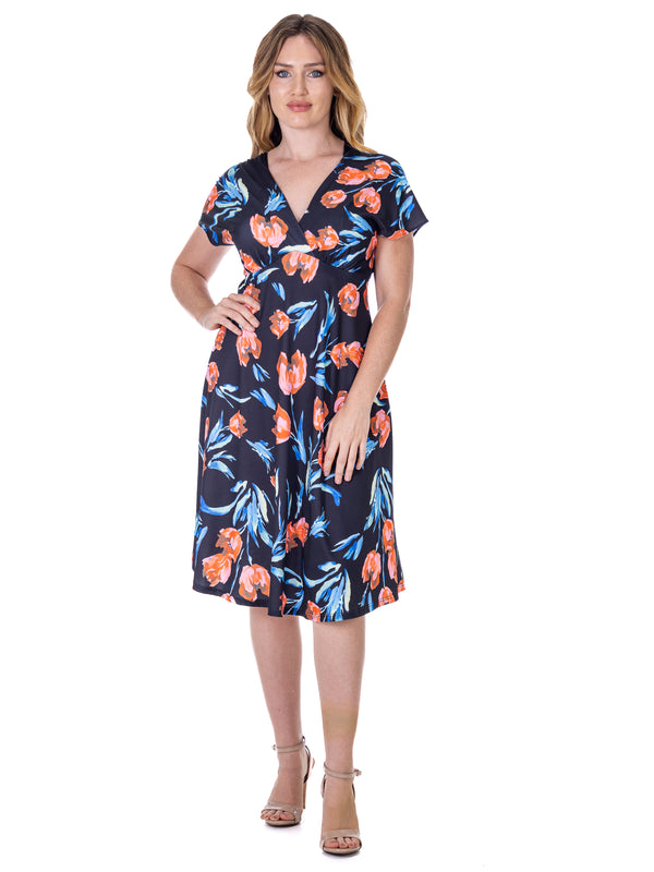 Essential Petite V Neck Empire Waist Cap Sleeve Knee Length Dress
