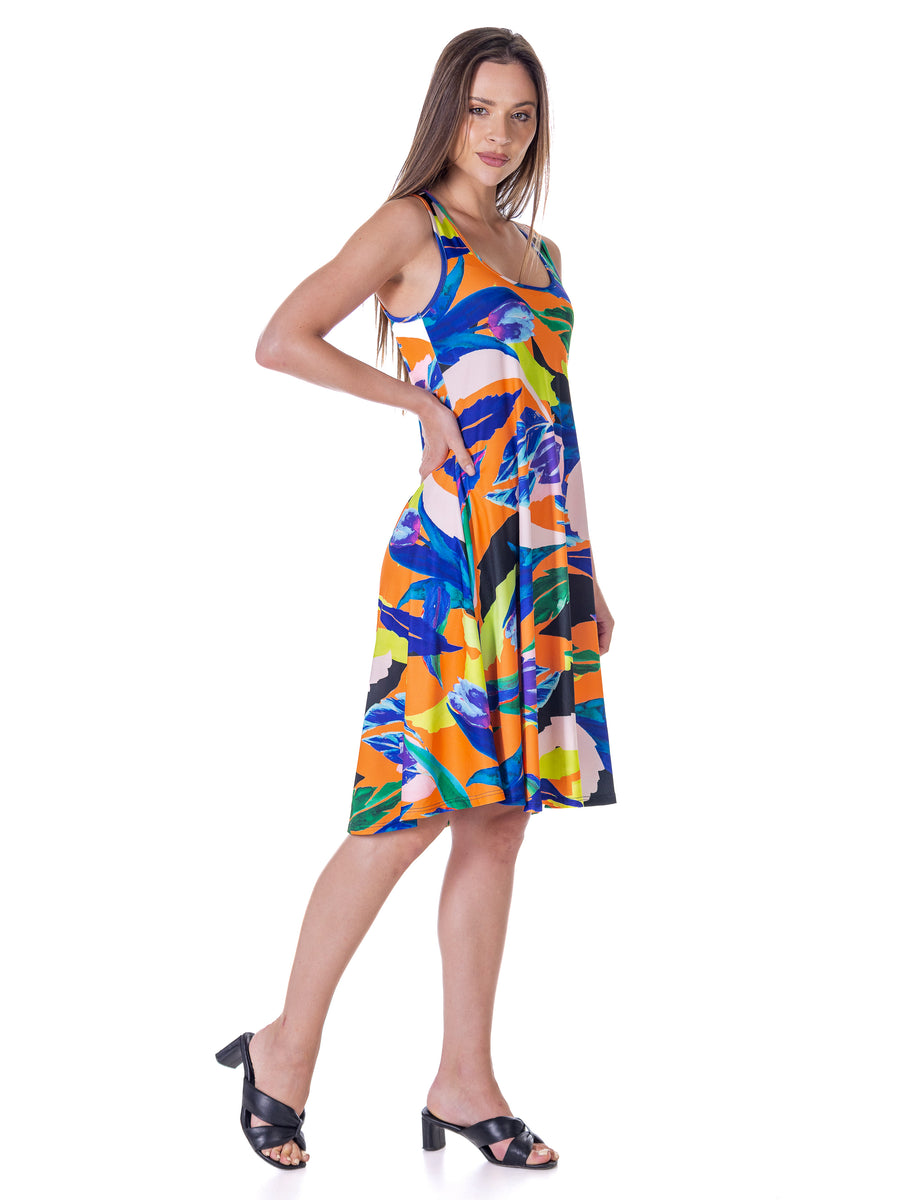 Essential Womens Multicolor Sleeveless Knee Length Tank Swing Dress