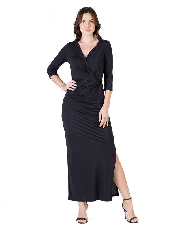 Elevate Petite V Neck Three Quarter Sleeve Wrap Side Slit Maxi Dress