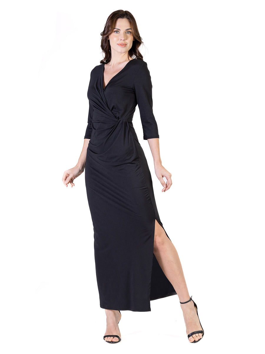 Elevate Womens V-Neck Three Quarter Sleeve Wrap Slit Maxi Dress