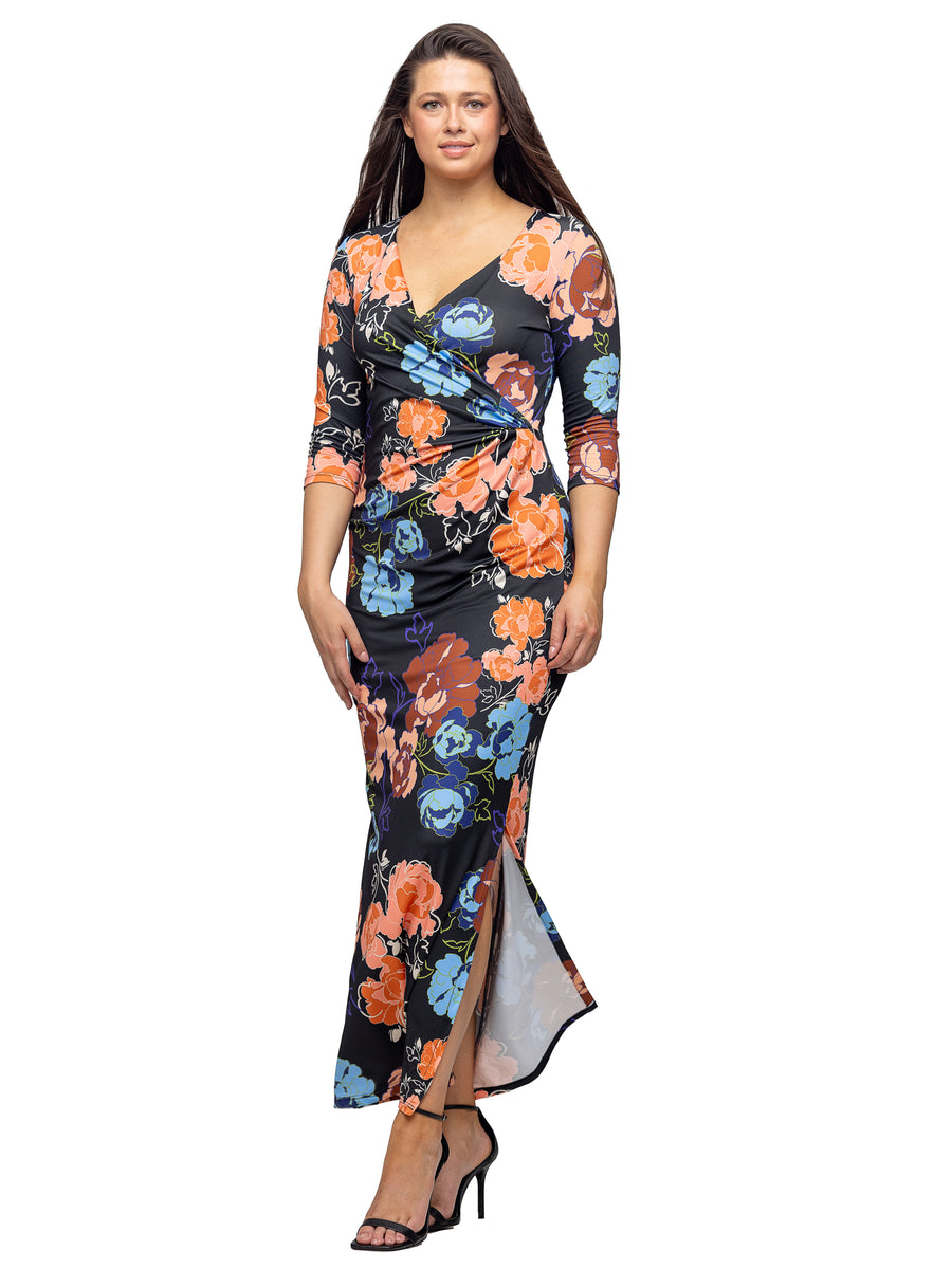 Essential Womens Floral Three Quarter Sleeve Side Slit Maxi Dress