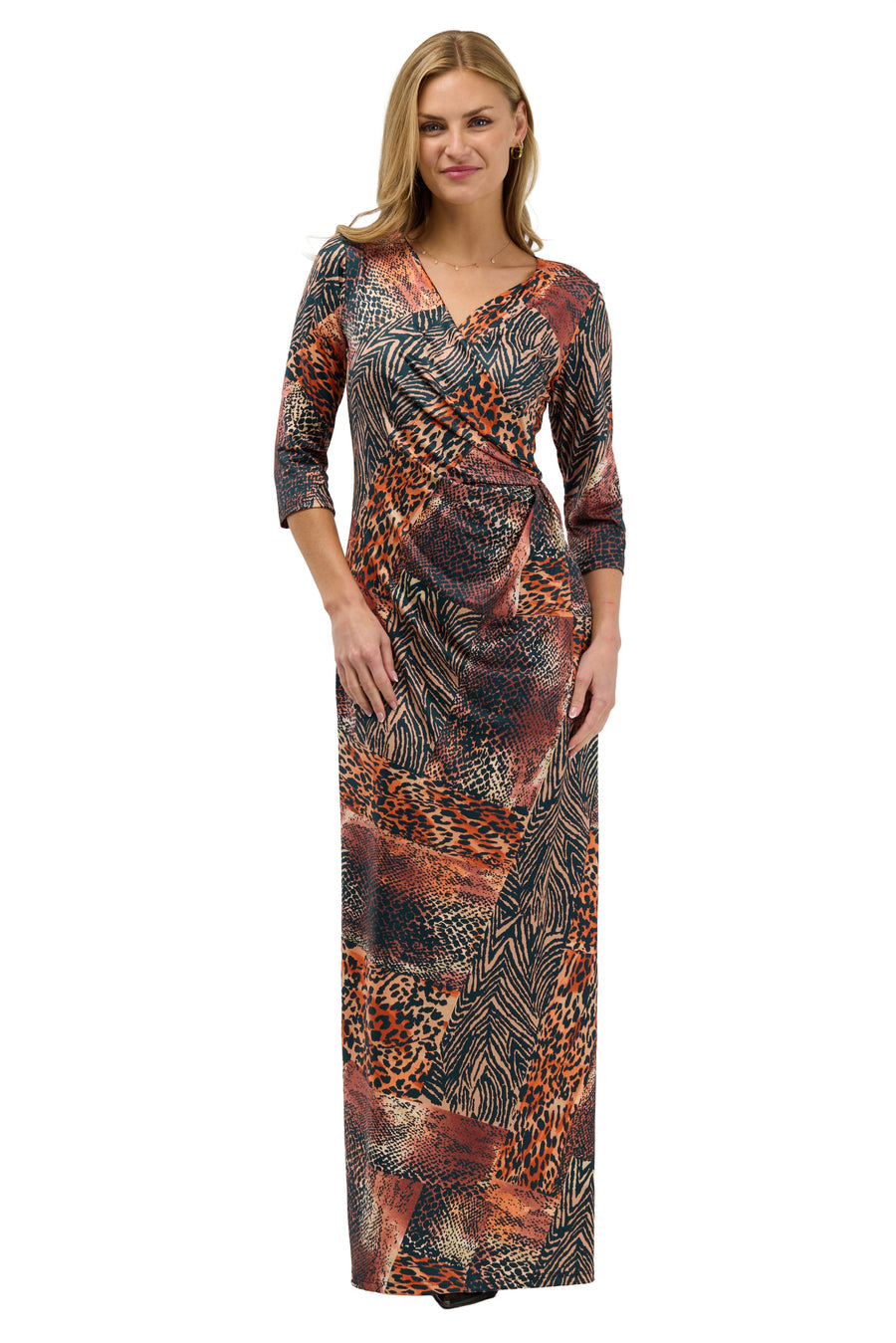 24seven Comfort Elevate Womens Animal Print Mid Sleeve V Neck Wrap Waist Slit Long Dress