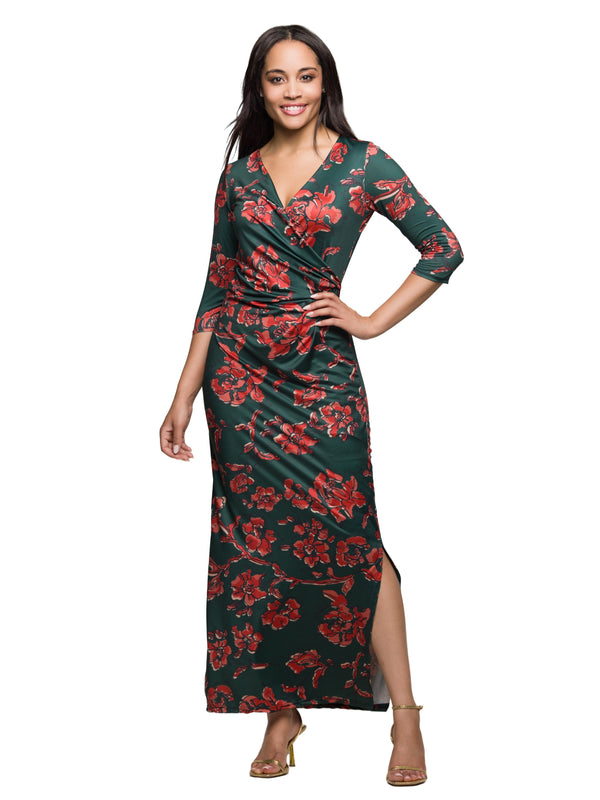 Elevate Womens Floral V-Neck Wrap Draped Side Slit Maxi Dress