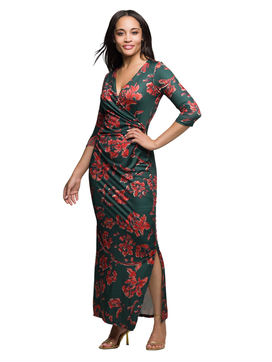 Elevate Womens Floral V-Neck Wrap Draped Side Slit Maxi Dress