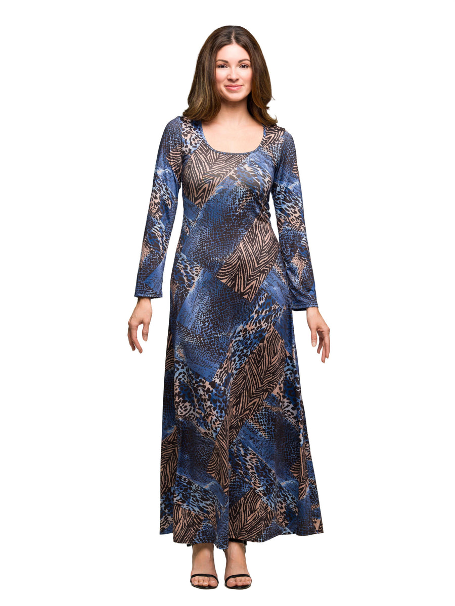 Essential Womens Animal Scoop Neck Long Sleeve A Line Maxi Dress