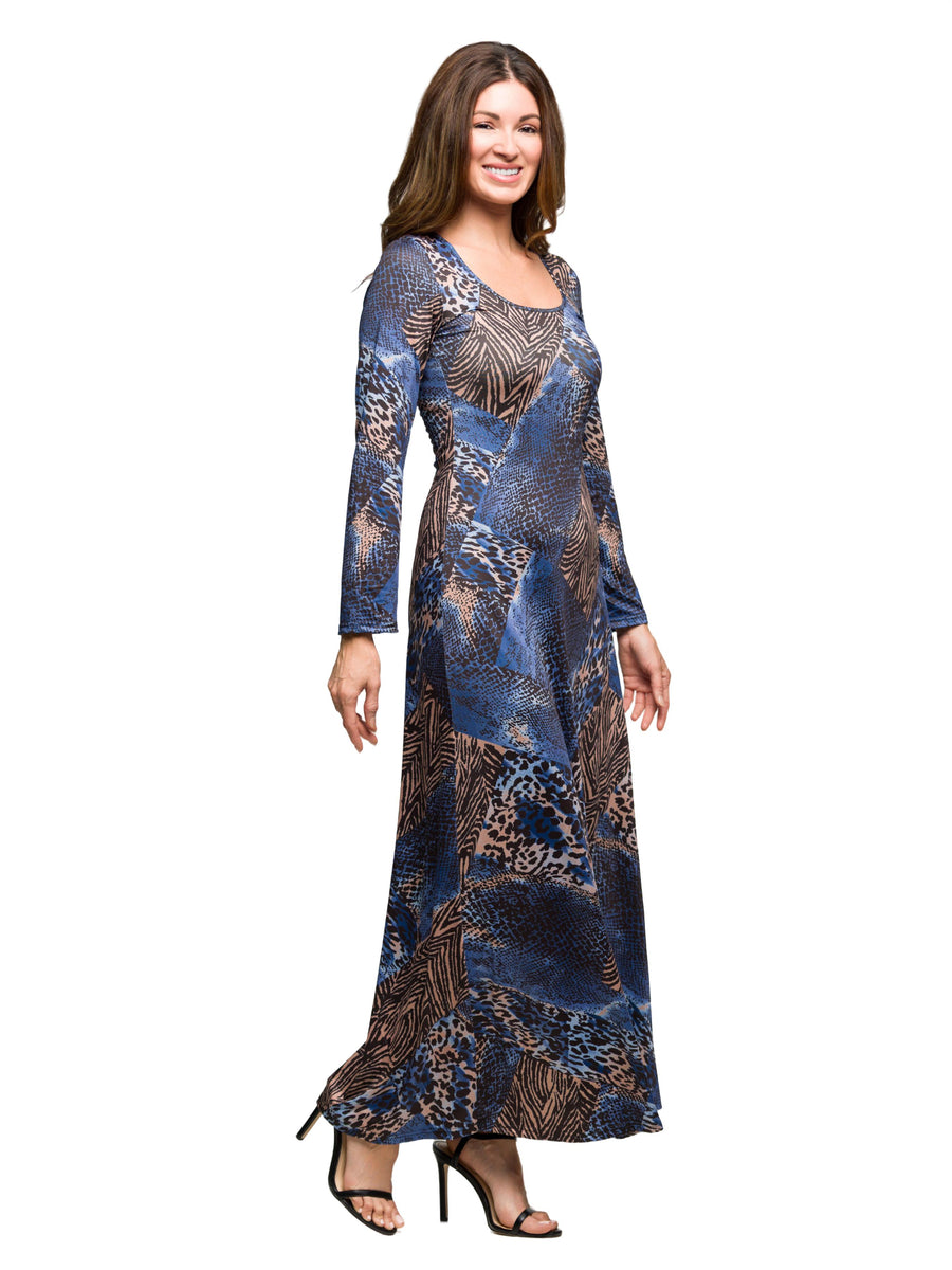 Essential Womens Animal Scoop Neck Long Sleeve A Line Maxi Dress