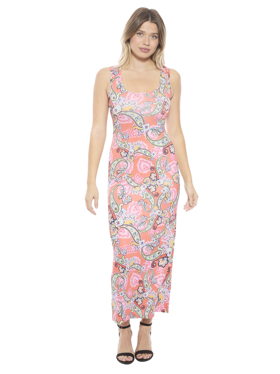 Essential Womens Paisley Scoop Neck Sleeveless Racerback Maxi Dress