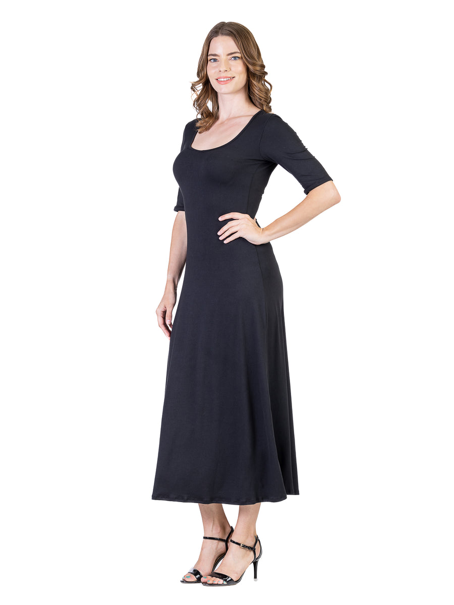 Essential Womens Scoop Neck Elbow Sleeve A Line Maxi Dress