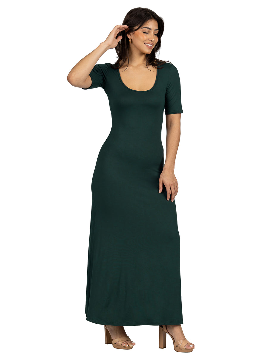 Essential Womens Scoop Neck Elbow Sleeve A Line Maxi Dress