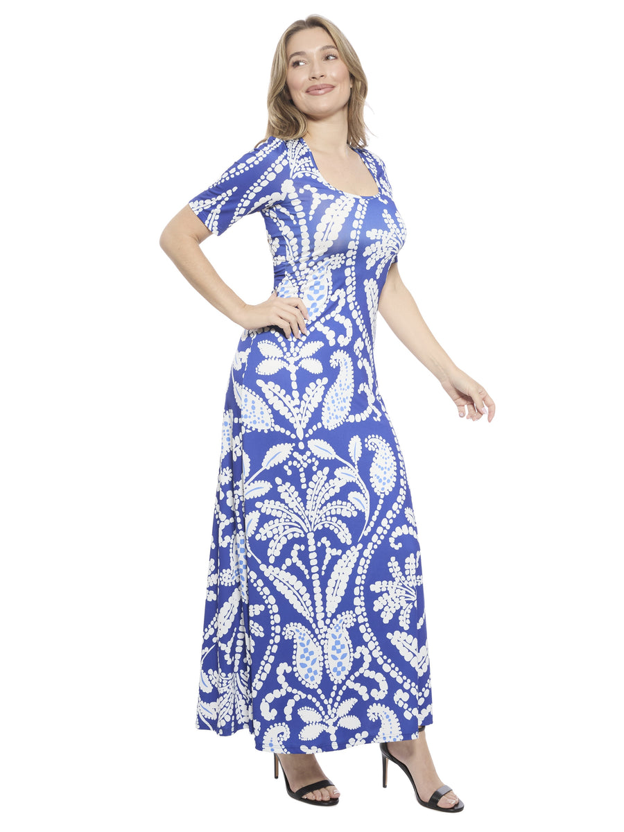 Essential Womens Paisley Scoop Neck Elbow Sleeve A Line Maxi Dress