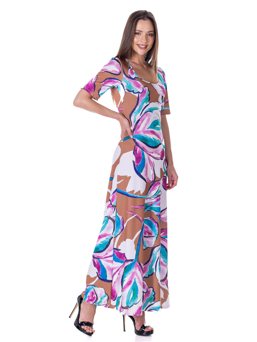 Essential Womens Floral Scoop Neck Elbow Sleeve A Line Maxi Dress