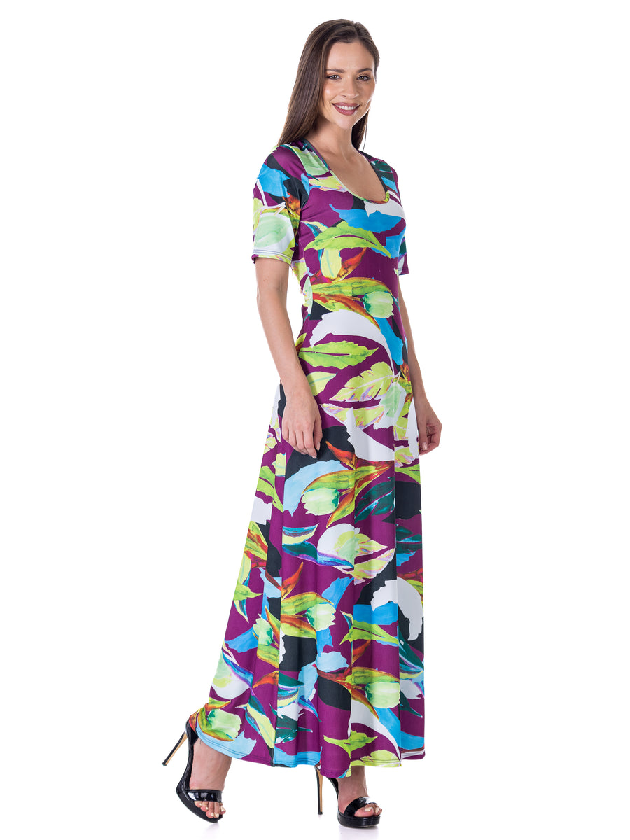 Essential Womens Floral Scoop Neck Elbow Sleeve A Line Maxi Dress