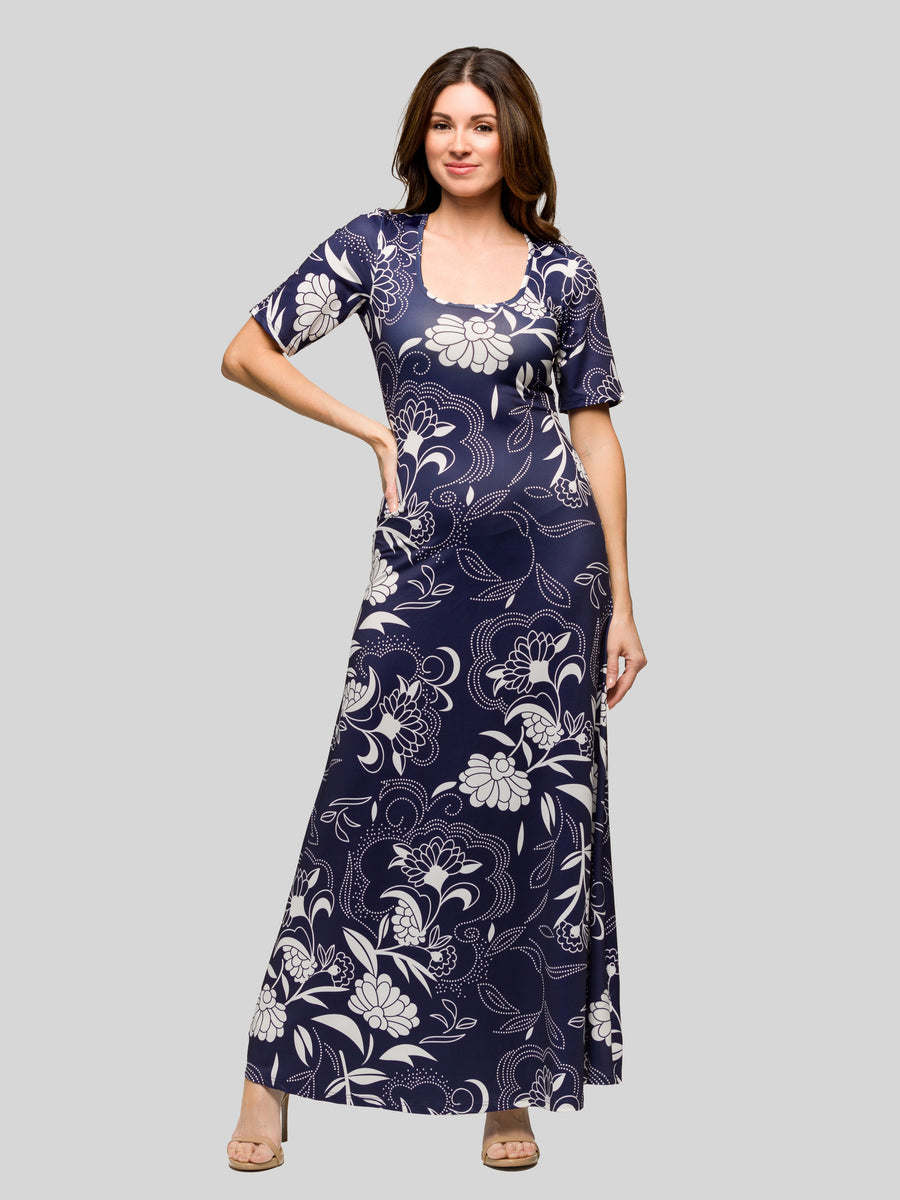Essential Womens Floral Scoop Neck Elbow Sleeve A Line Maxi Dress