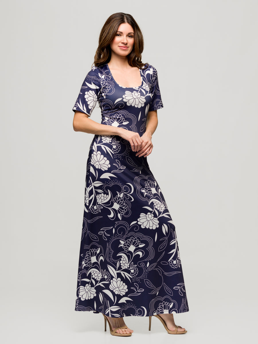 Essential Womens Floral Scoop Neck Elbow Sleeve A Line Maxi Dress