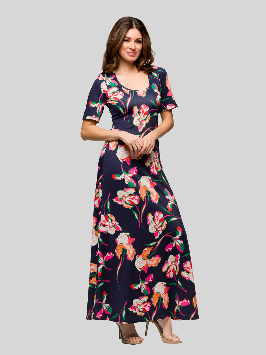 Essential Womens Floral Scoop Neck Elbow Sleeve A Line Maxi Dress