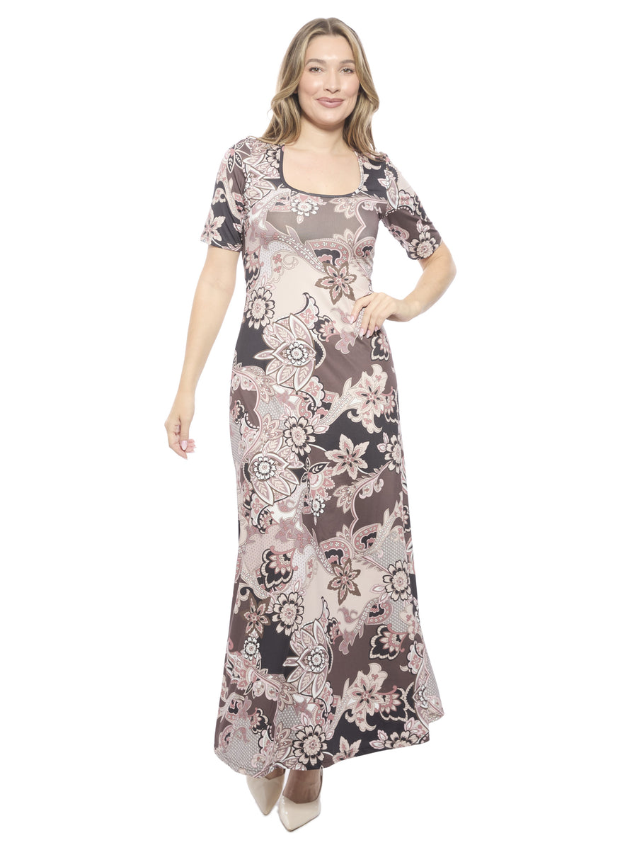 Essential Womens Paisley Scoop Neck Elbow Sleeve A Line Maxi Dress