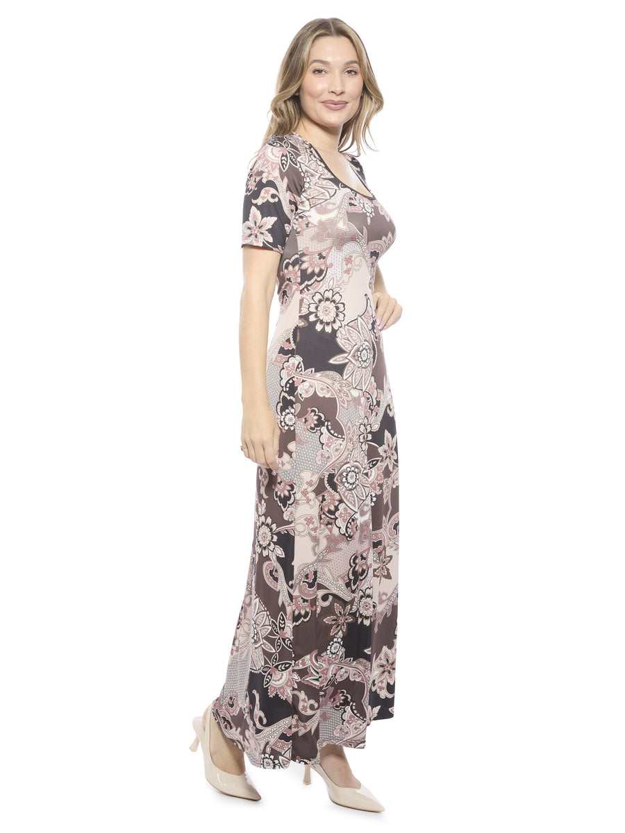 Essential Womens Paisley Scoop Neck Elbow Sleeve A Line Maxi Dress
