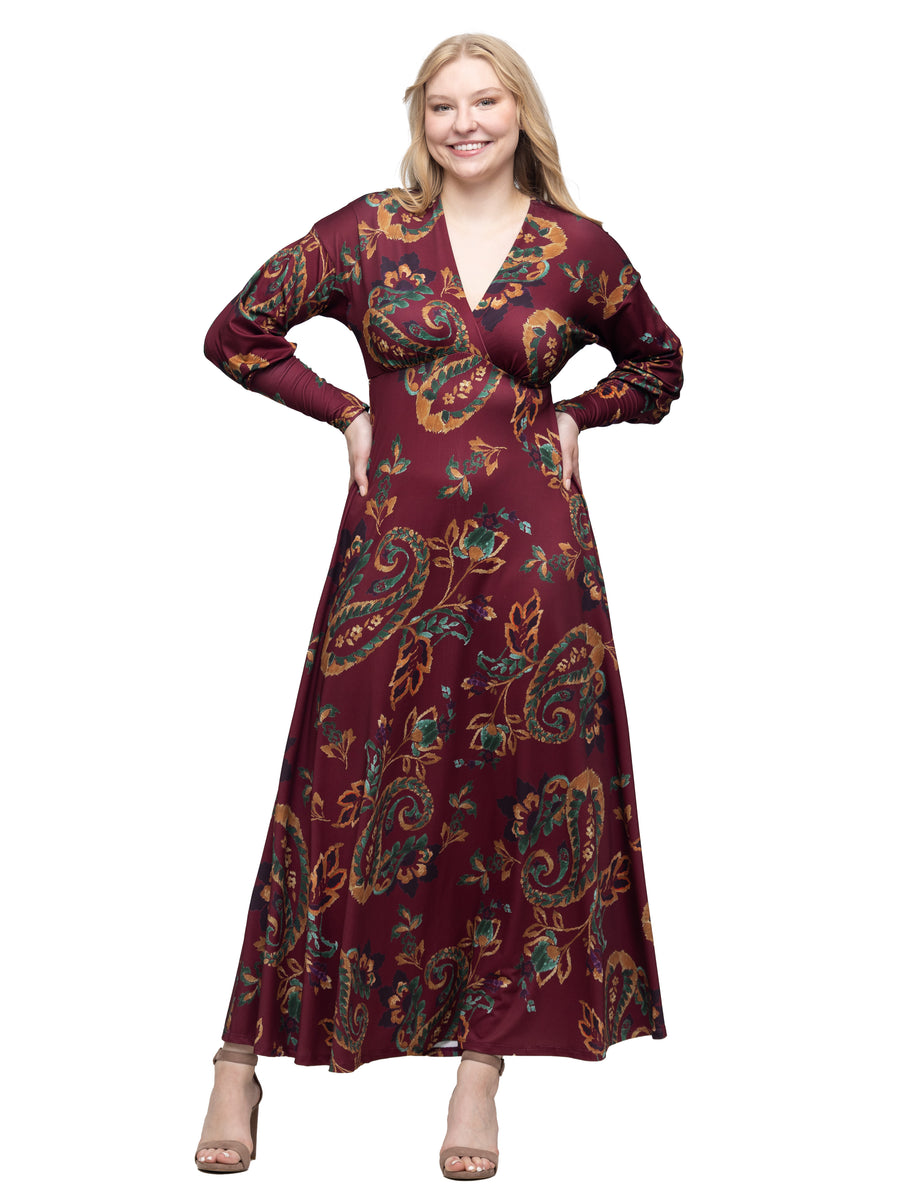 Essential Womens Wine Paisley V-Neck Long Sleeve A Line Maxi Dress