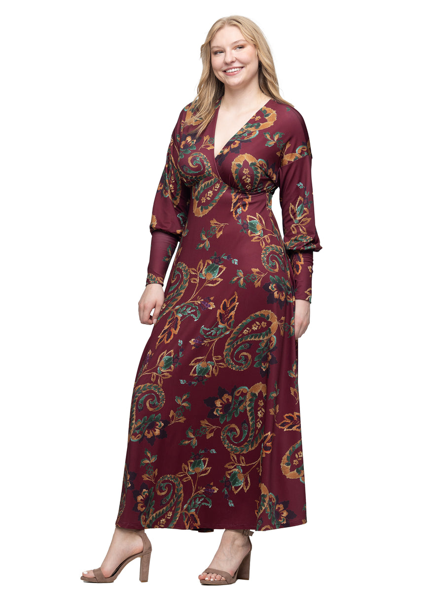 Essential Womens Wine Paisley V-Neck Long Sleeve A Line Maxi Dress