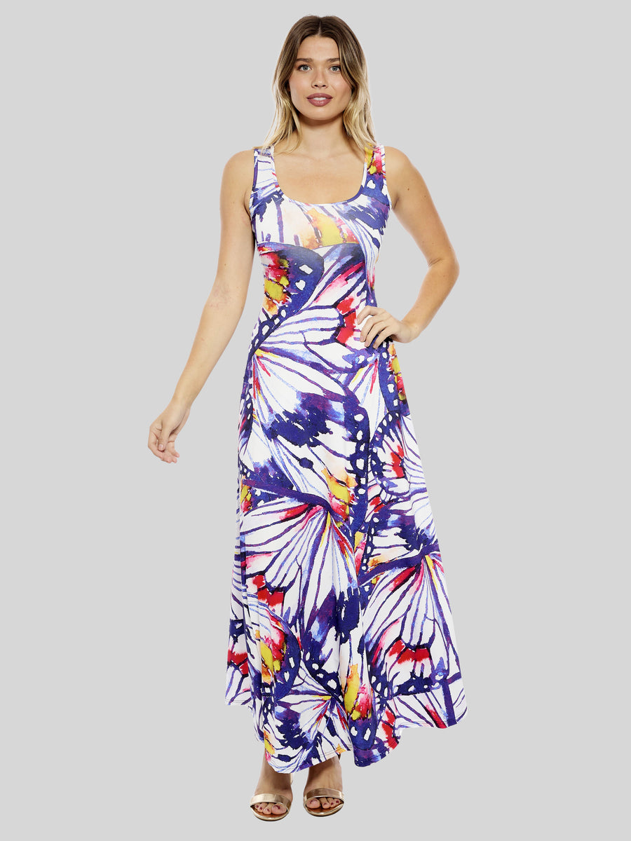Essential Womens Butterfly Scoop Neck Sleeveless A-Line Maxi Dress