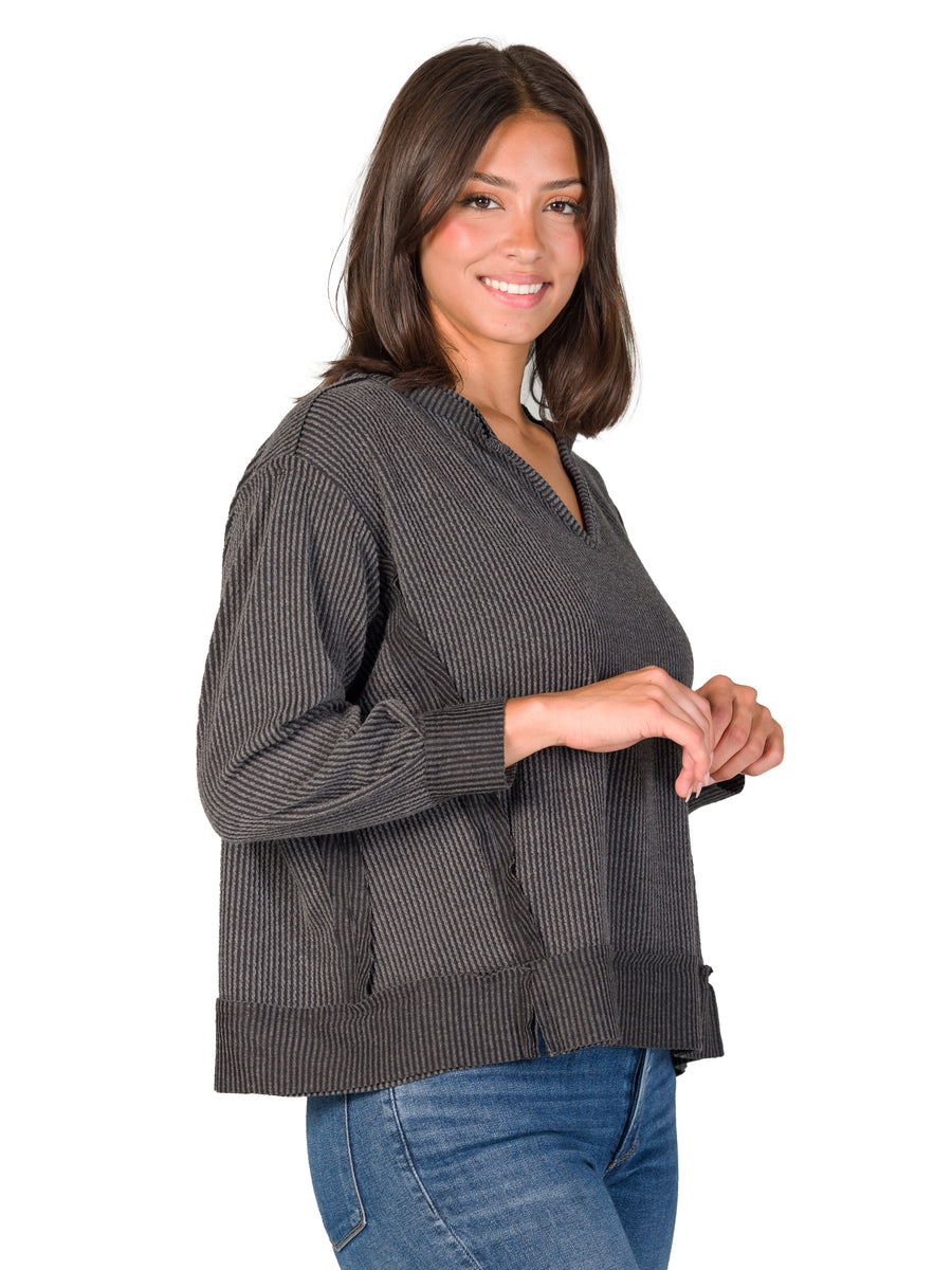 24seven Comfort Essential Petite V-Neck Long Sleeve Ribbed Knit Top
