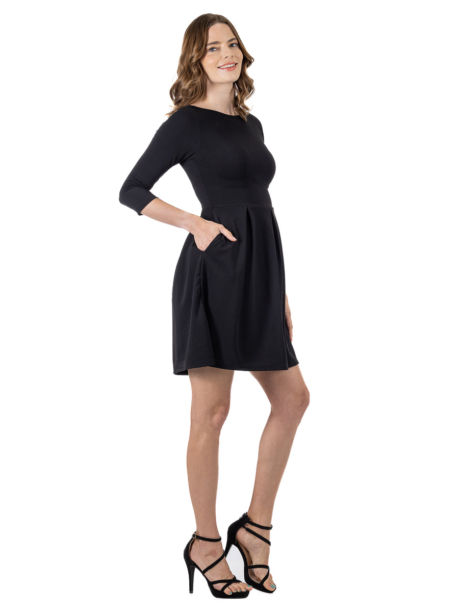 24seven Comfort Essential Petite Classic Three-Quarter Sleeves Pleated A-Line Dress