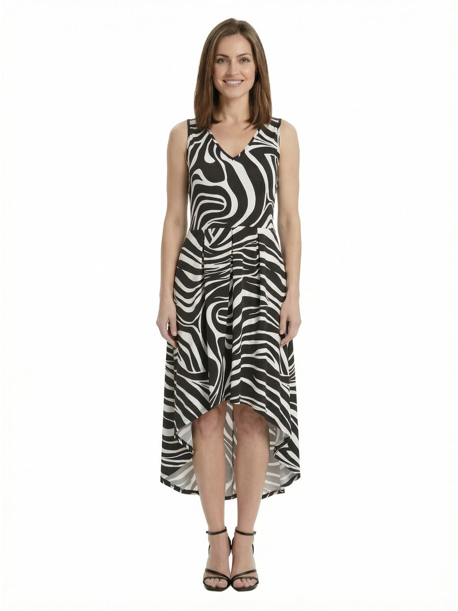 Elevate Petite Zebra Sleeveless Fit N Flare High Low Pocket Midi Dress