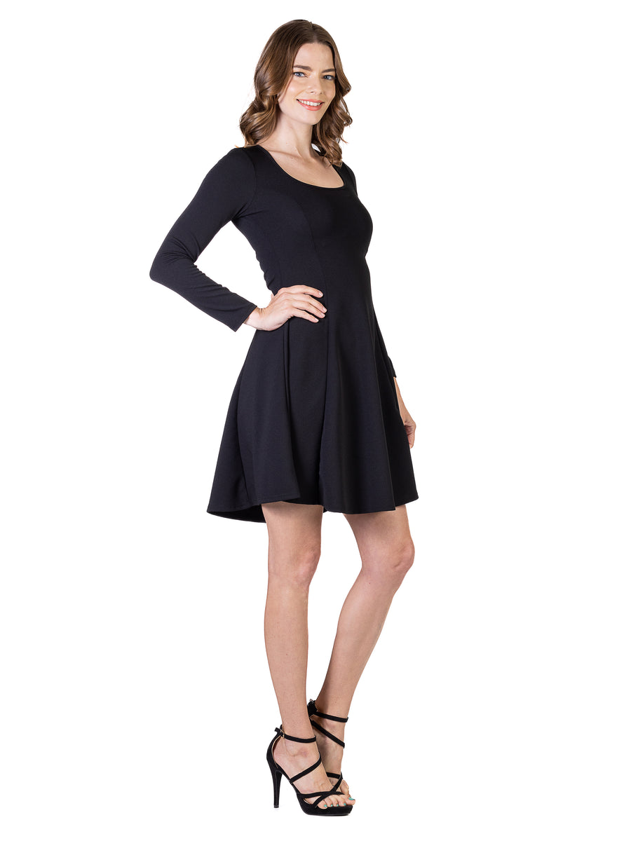 24seven Comfort Essential Petite Square Neck Long Sleeve Fit and Flare Dress
