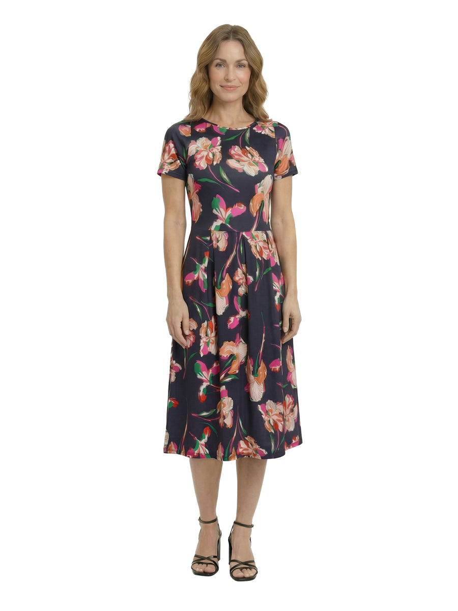 Essential Petite Floral Short Sleeve Boat Neck Fit N Flare Pocket Midi Dress