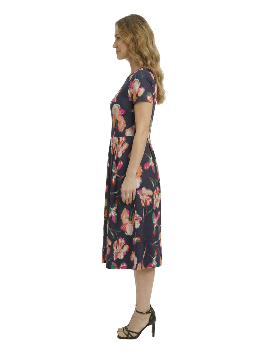 Essential Petite Floral Short Sleeve Boat Neck Fit N Flare Pocket Midi Dress