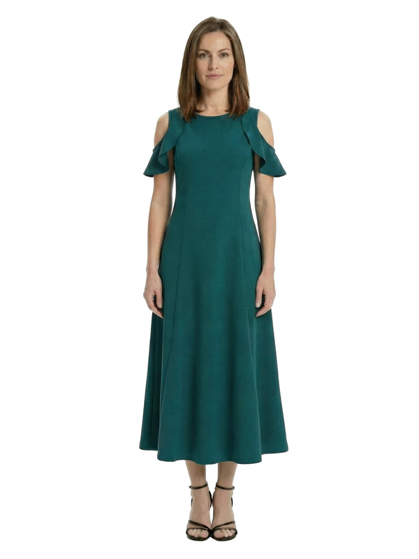Elevate Petite Ruffle Sleeve Cold Shoulder A Line Flare Maxi Dress