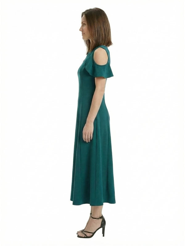 Elevate Petite Ruffle Sleeve Cold Shoulder A Line Flare Maxi Dress