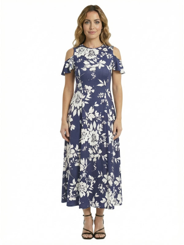 Elevate Petite Floral Ruffle Sleeve Cold Shoulder A Line Maxi Dress