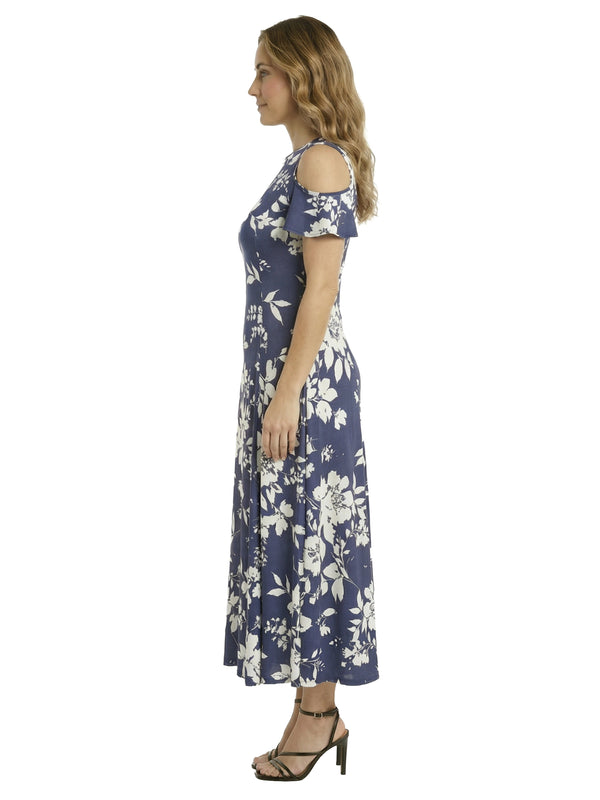 Elevate Petite Floral Ruffle Sleeve Cold Shoulder A Line Maxi Dress