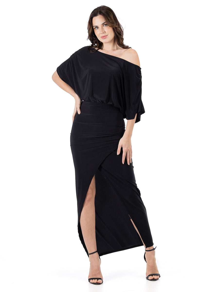 24seven Comfort Elevate Petite Off the Shoulder Draped Slit Maxi Dress