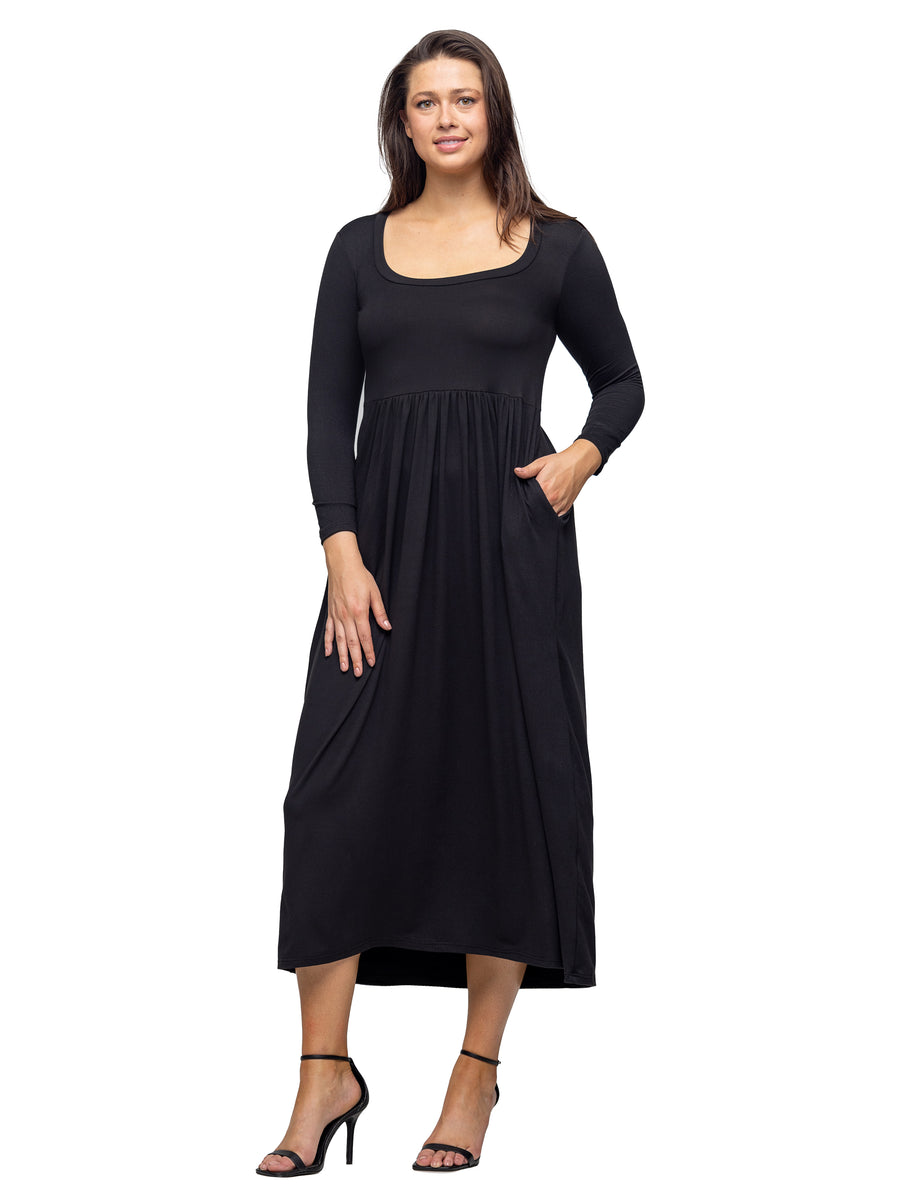 24seven Comfort Essential Petite Long Sleeve Square Neck Pleated Maxi Dress