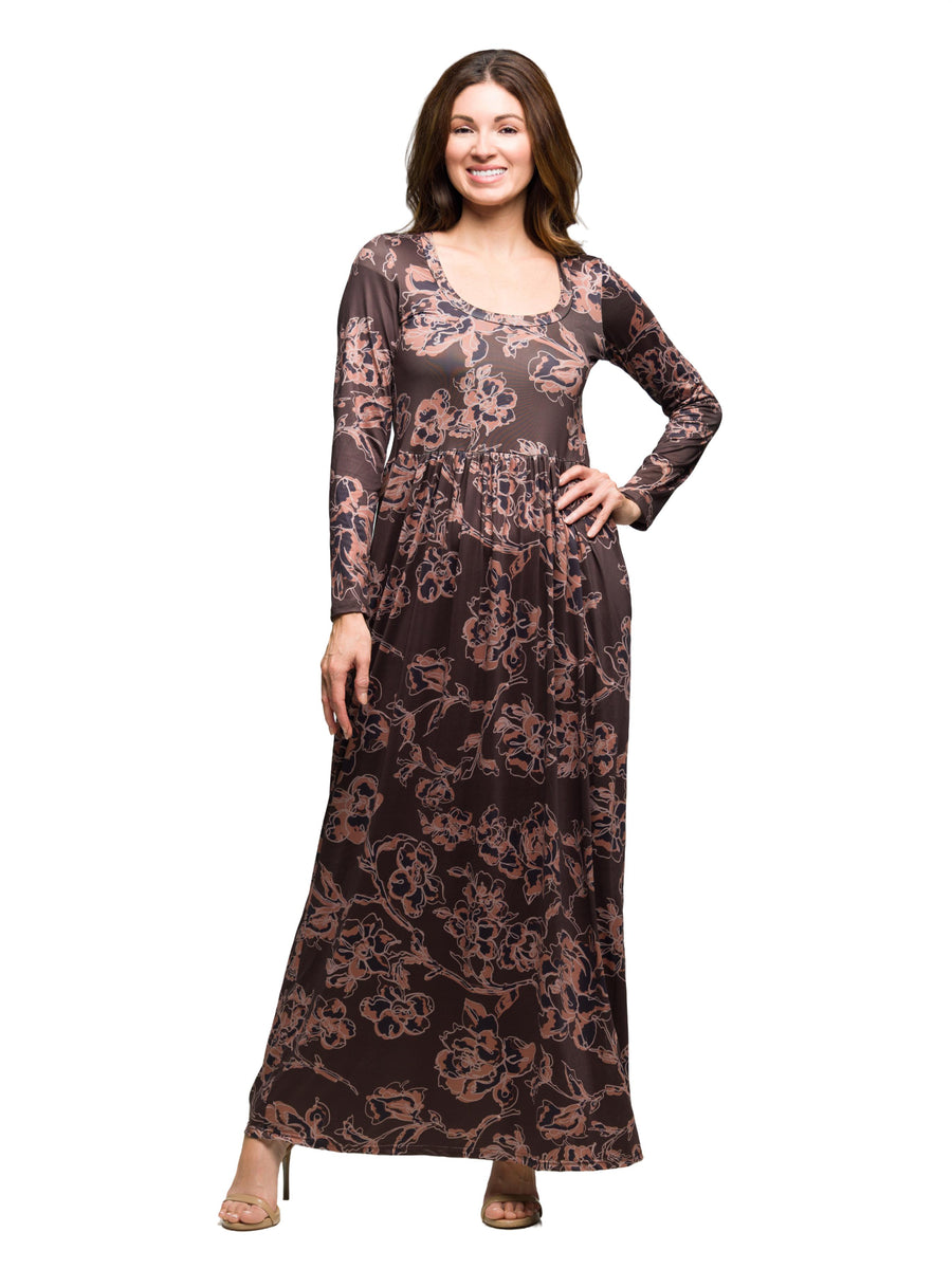24seven Comfort Essential Petite Floral Long Sleeve Square Neck Pleated Maxi Dress